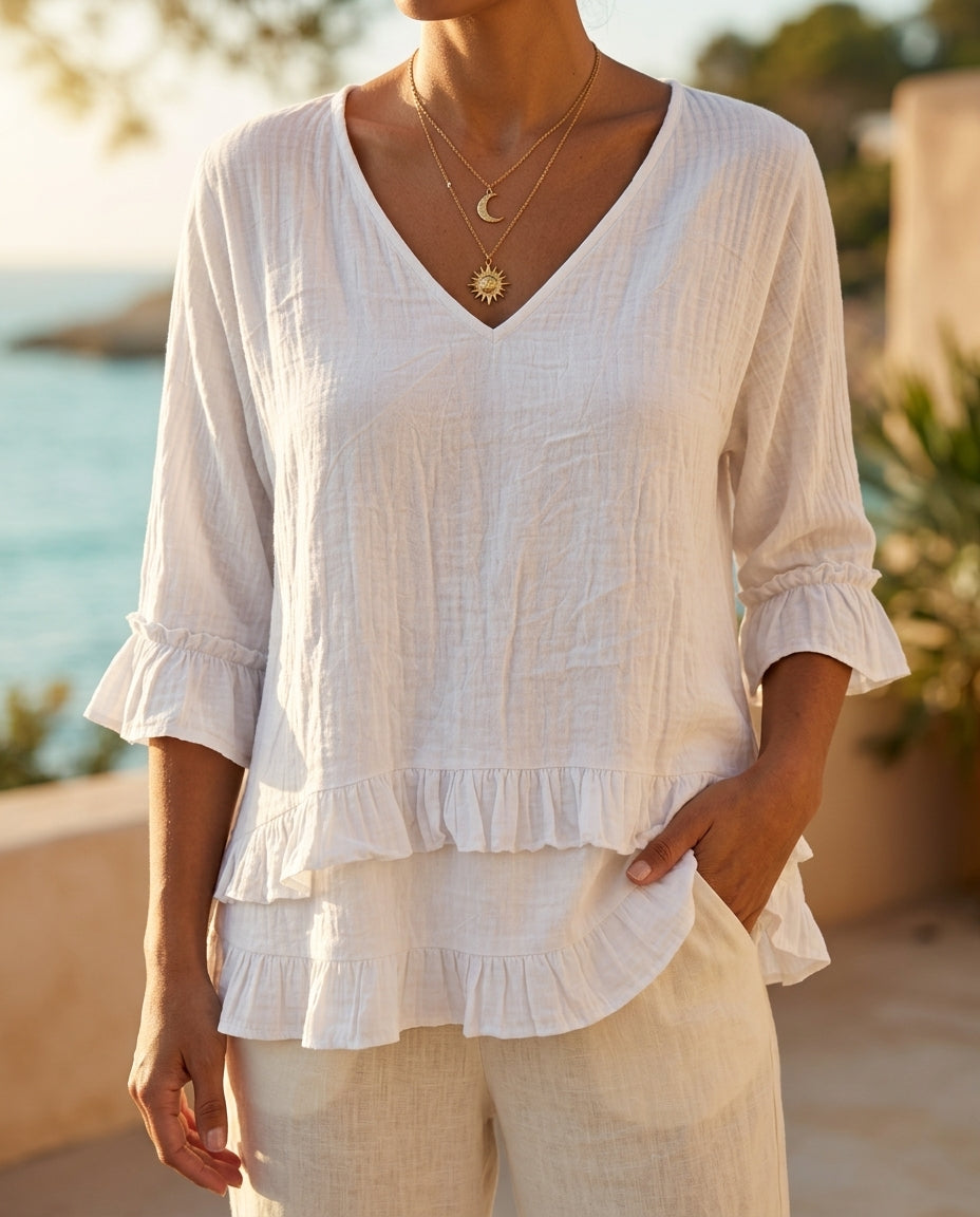 Lillian Cotton-Linen Ruffle Blouse