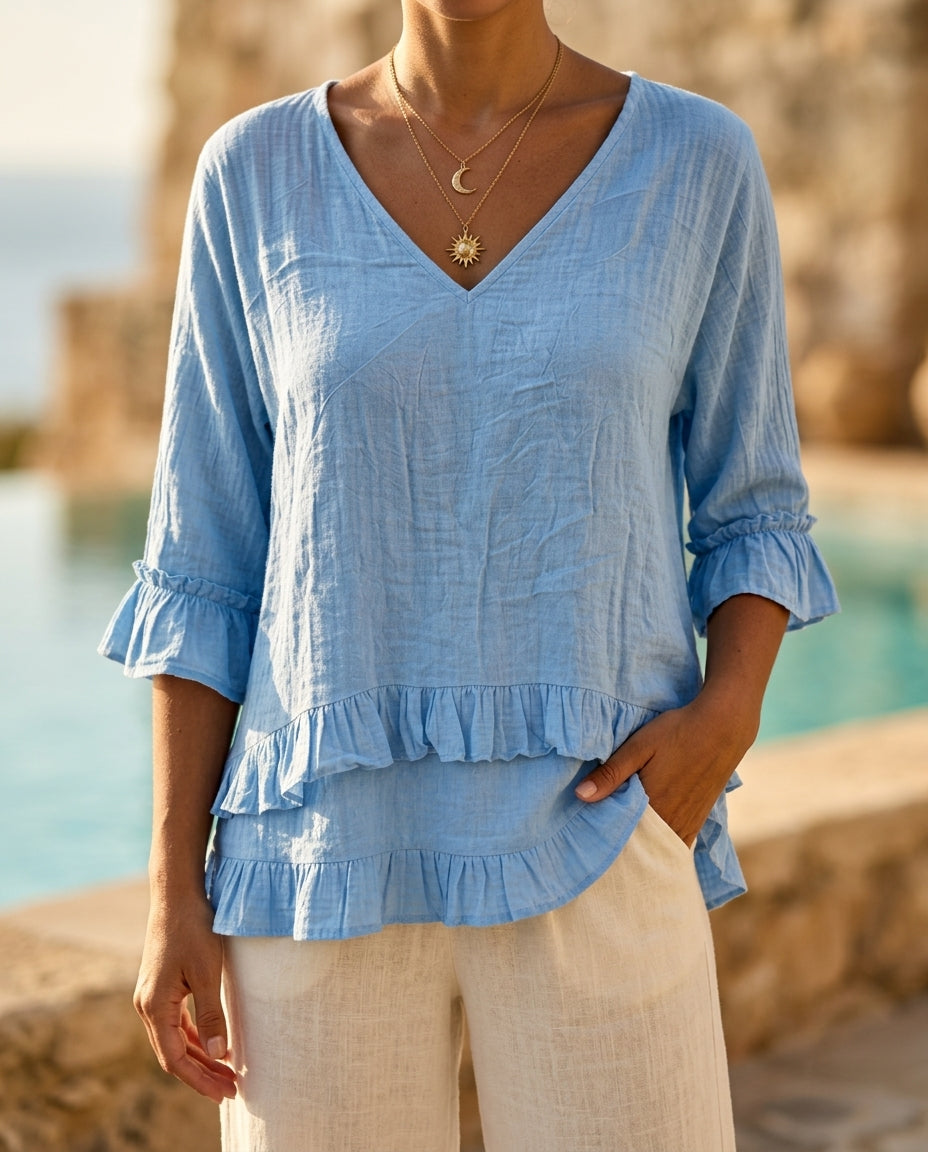 Lillian Cotton-Linen Ruffle Blouse